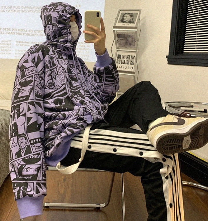 Hooded Cotton Jacket with Portrait Cartoon Print