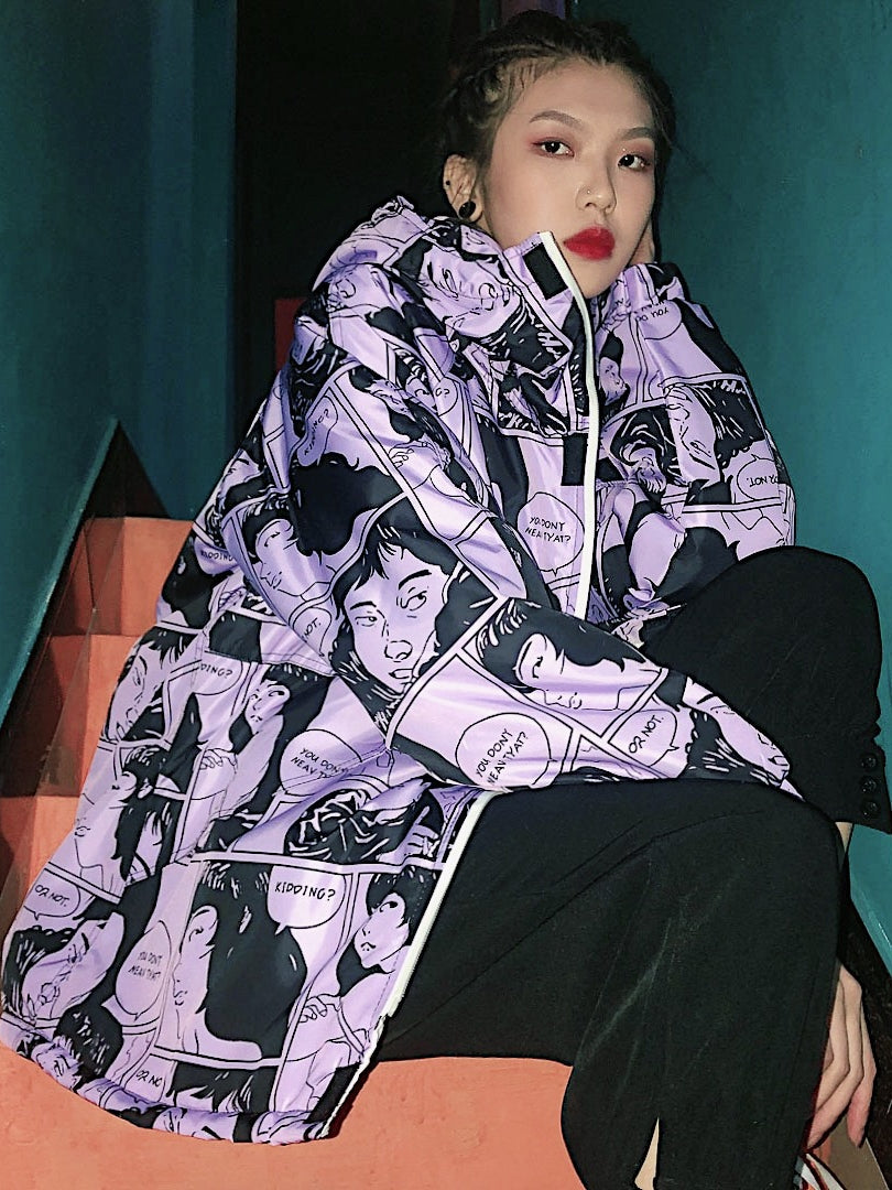 Hooded Cotton Jacket with Portrait Cartoon Print