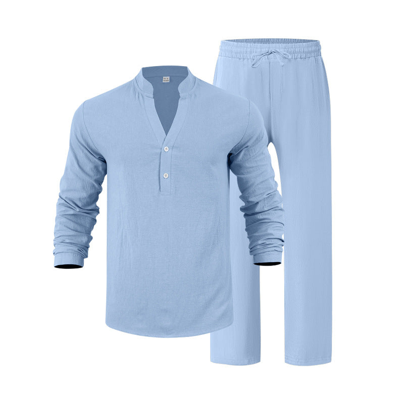 Mens Loose-Fit Long-sleeved Suit Casual Breathable V-Neck Henley Shirt And Long Pants Set Beach Clothing