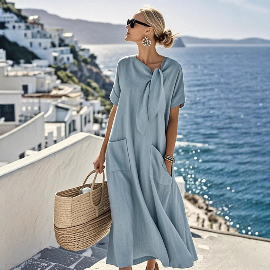 Elegant Short Sleeve Bow Pocket Wide Hem Loose Long Dress