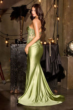 Ruched Satin Corset Gown With Floral Lace Detail