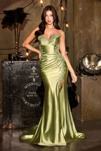 Ruched Satin Corset Gown With Floral Lace Detail