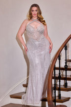 Beaded Halter Cutout Gown with Lace-Up Back and Mesh Overlay