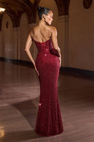 Strapless Sequin Draped Gown with Lace-Up Back