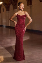 Strapless Sequin Draped Gown with Lace-Up Back
