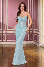 Strapless Sequin Draped Gown with Lace-Up Back