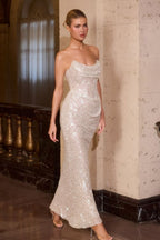 Strapless Sequin Draped Gown with Lace-Up Back