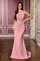 Strapless Beaded Sheer Corset Mesh Gown