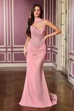 Strapless Beaded Sheer Corset Mesh Gown