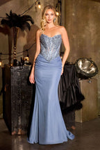 Strapless Beaded Sheer Corset Mesh Gown