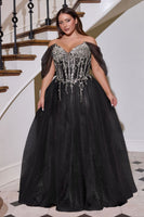 Off-Shoulder Beaded Corset A-Line Glitter Tulle Gown