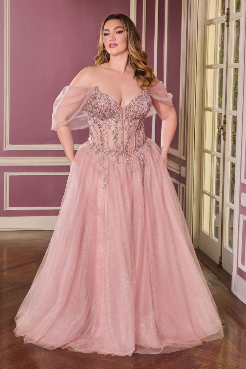 Off-Shoulder Beaded Corset A-Line Glitter Tulle Gown