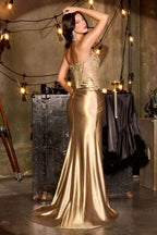 Metallic Satin High-Slit Gown with Beaded Sheer Sweetheart Bodice
