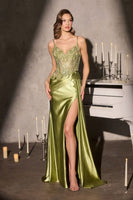 Metallic Satin High-Slit Gown with Beaded Sheer Sweetheart Bodice